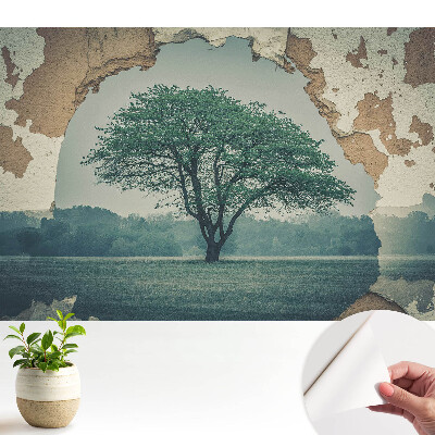 Motiv nostalgic al unui copac pe fundalul unui zid vechi