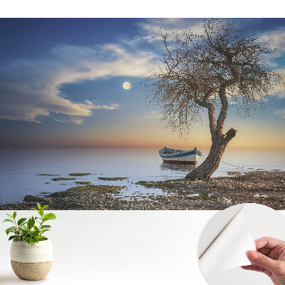 Apus de soare romantic cu o barcă și un copac