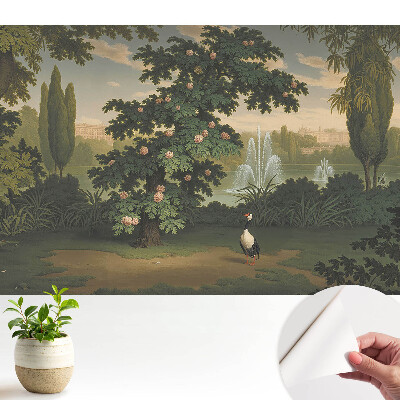 O grădină pitorească cu copac și pasăre