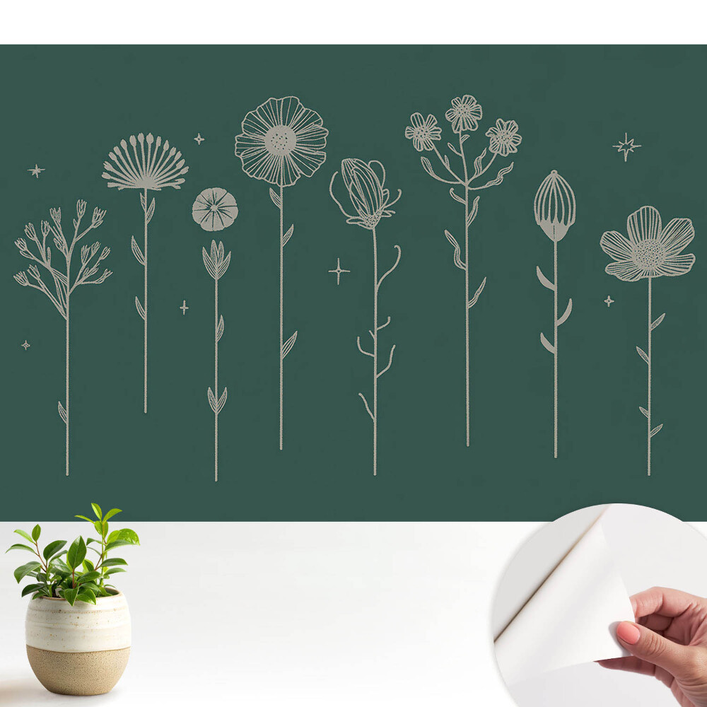 Motive florale minimaliste pe fundal verde