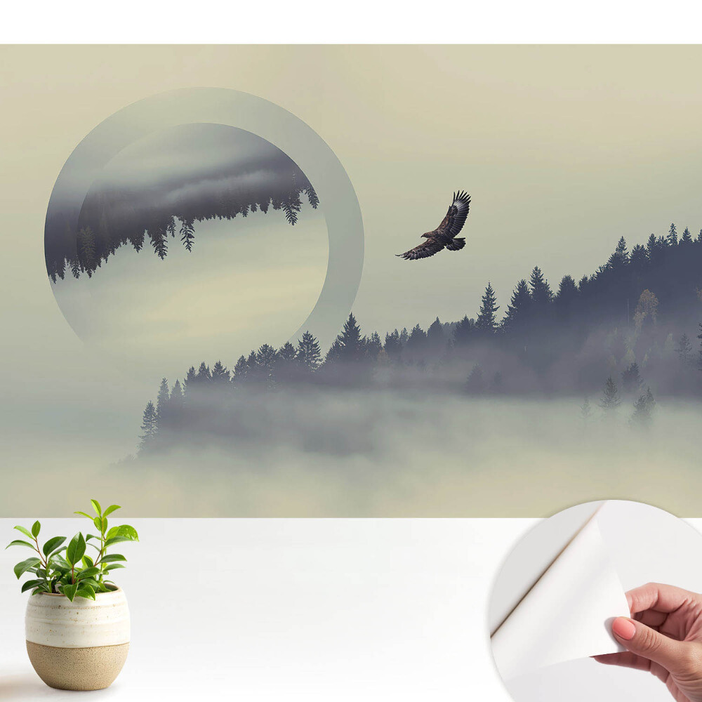 O pasăre maiestuoasă printre copacii învăluiți în ceață