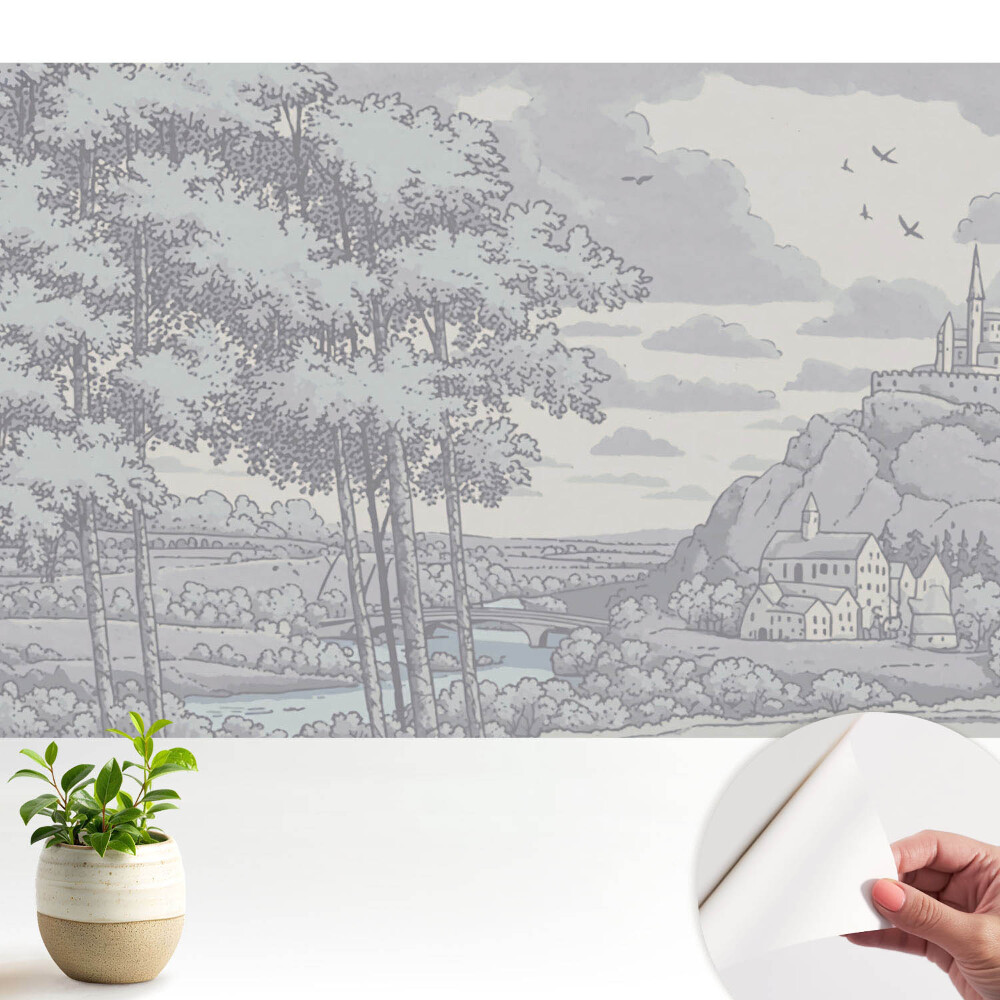 Castel, pădure, râu, ilustrație clasică