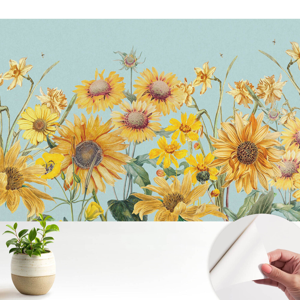 Floarea-soarelui rustică și flori pe albastru