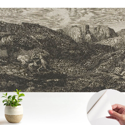 Tablou clasic cu peisaj montan și călăreț