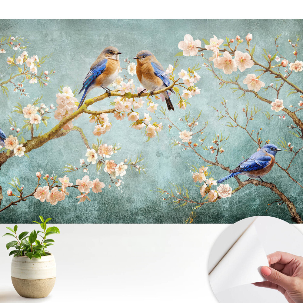 Păsări pe ramuri înflorite model pastel