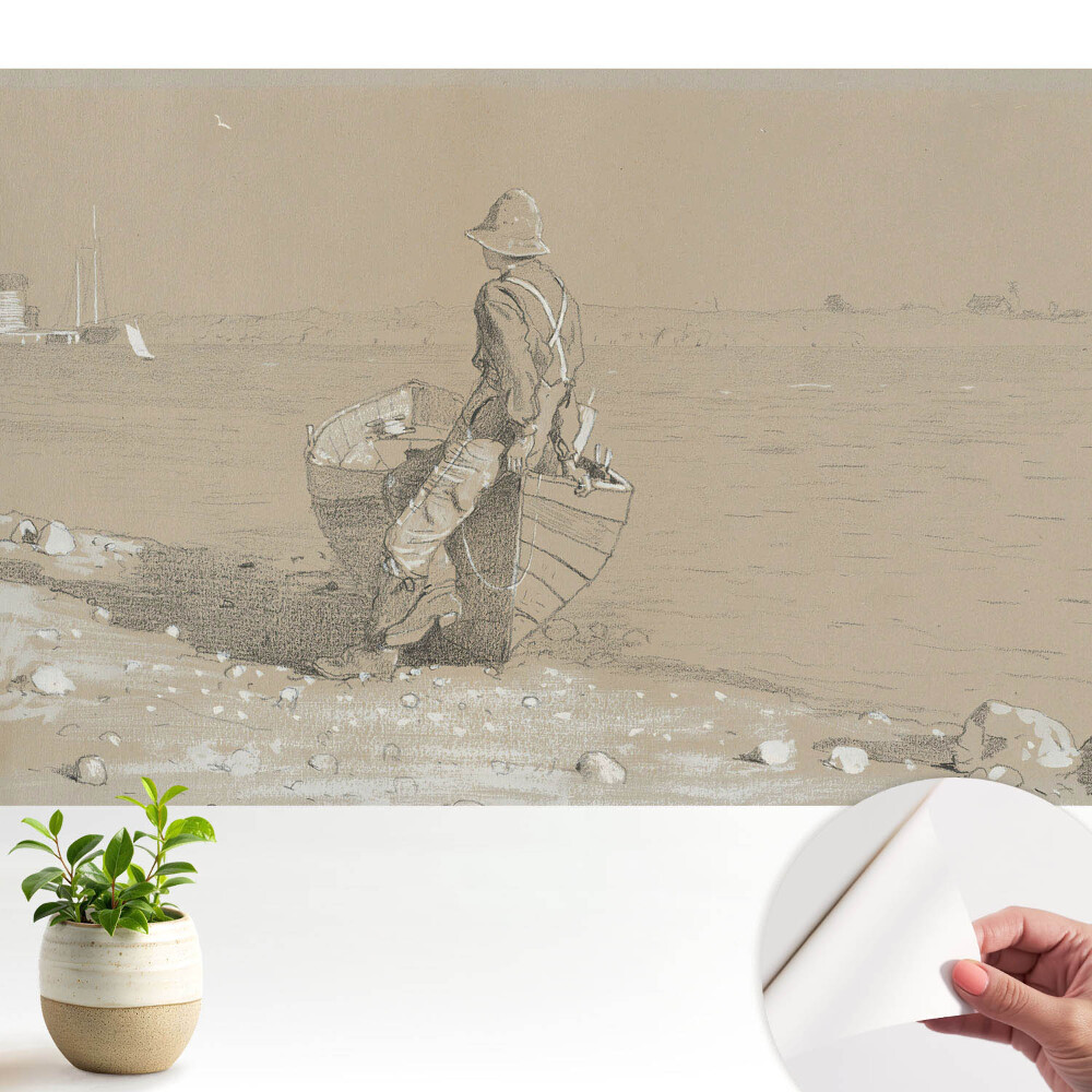 Bărbat cu o barcă pe plajă