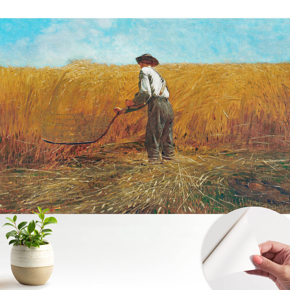 Un fermier într-un câmp de grâu sub un cer albastru