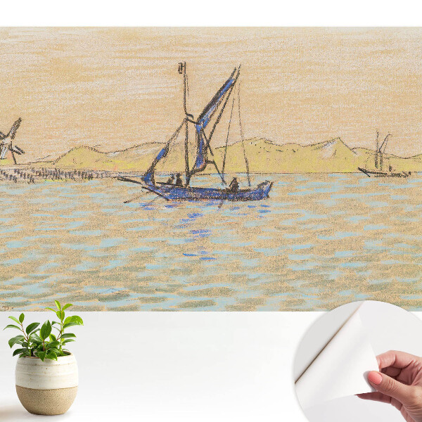 Peisaj pastel cu moară de vânt cu barcă