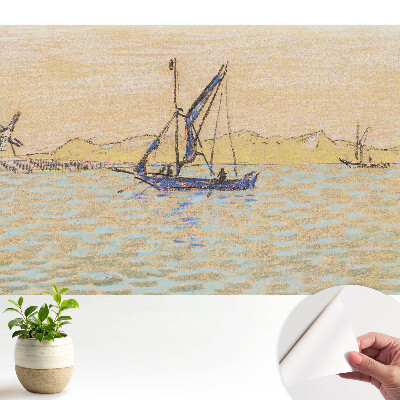 Peisaj pastel cu moară de vânt și barcă