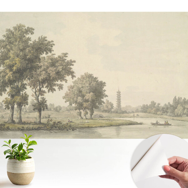 Un peisaj pitoresc cu o pagodă și un iaz