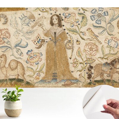 Un tablou cu un peisaj floral în care o figură este plasată central