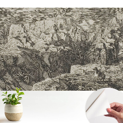 Grafică clasică reprezentând roci brute și o figură cu măgar