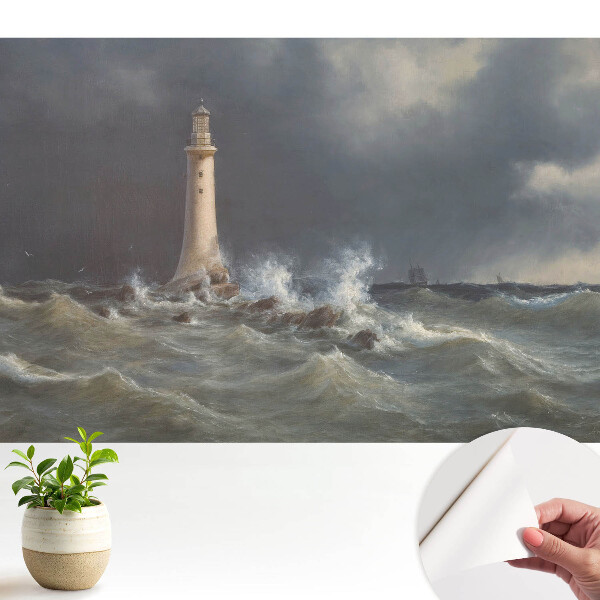 Mare furtunoasă, far, navă în depărtare