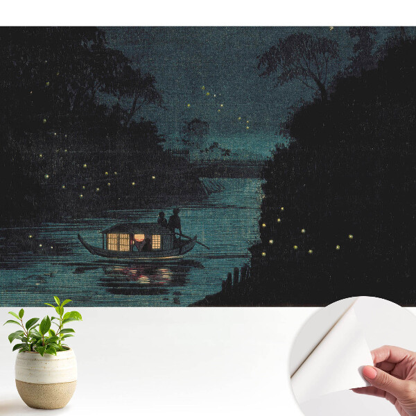 O barcă nocturnă înconjurată de licurici