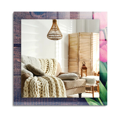 Oglinda cu decor dreptunghiulară Lalele roz din lemn