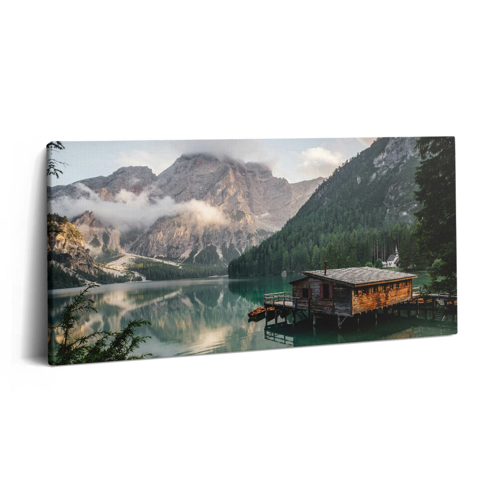 Tablou tipărite pe pânză 100x50 Casă la lac în munți