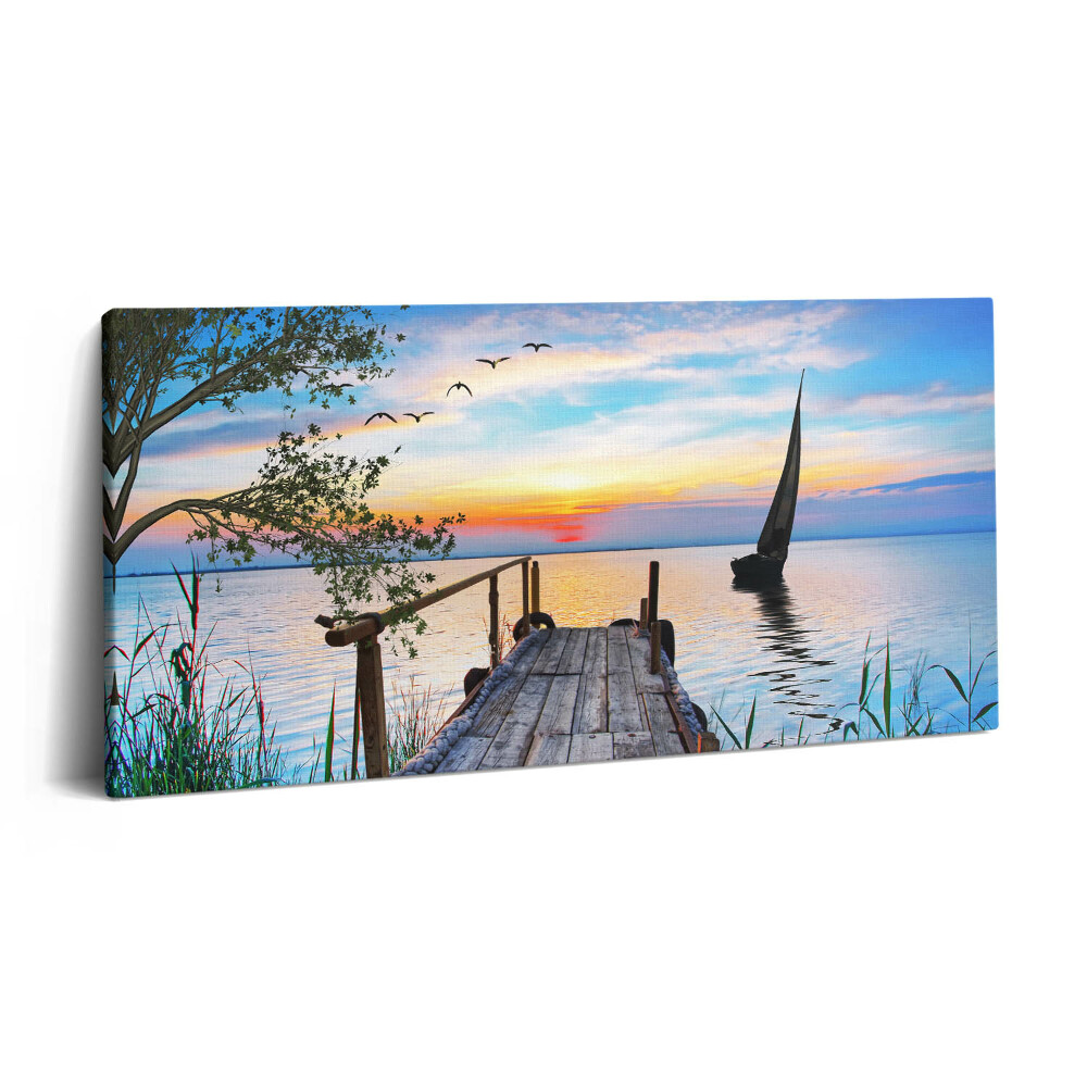 Imprimare tablou canvas 120x60 Peisaj lacustru cu o barcă