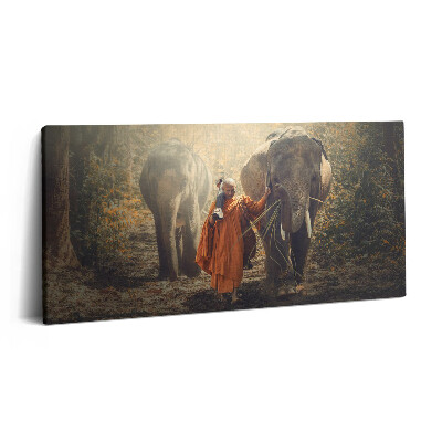 Imprimare tablou canvas 120x60 Călugăr și elefanți