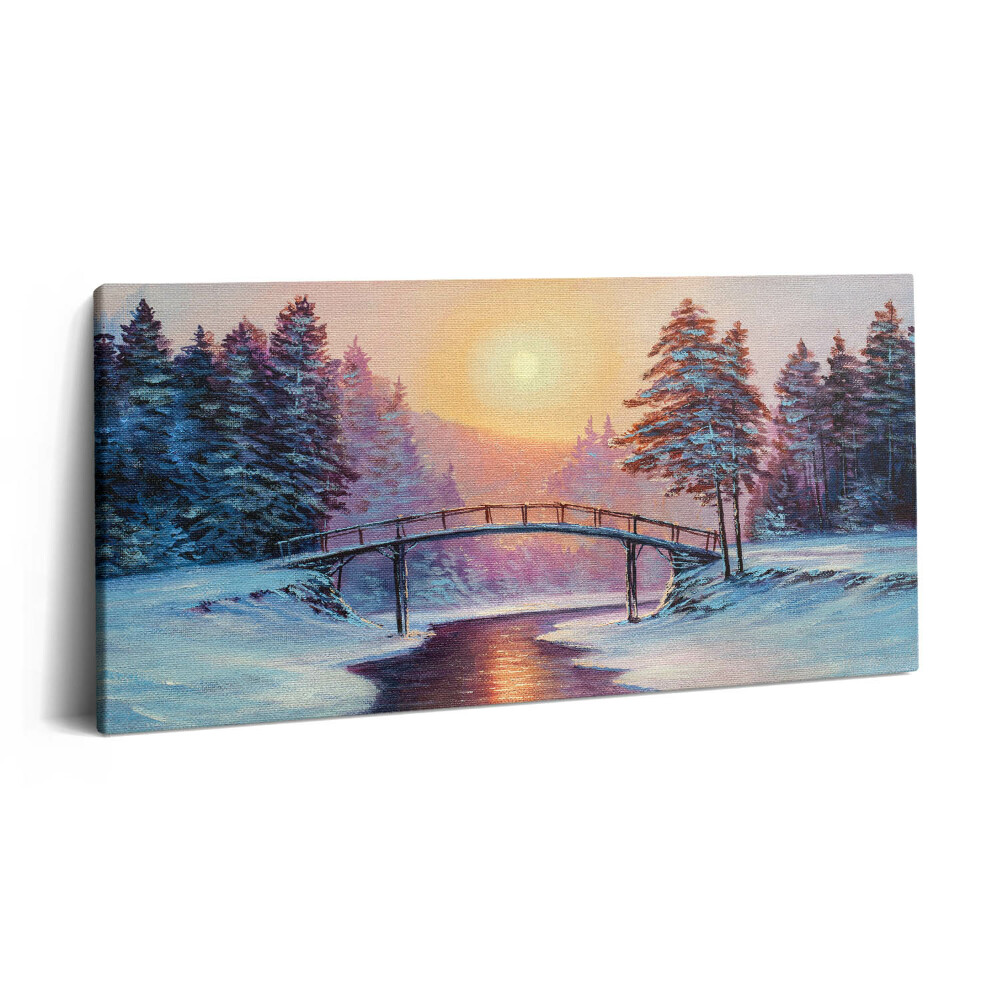 Imprimare tablou canvas 120x60 Pictură - Pod peste râu și apus de soare de iarnă