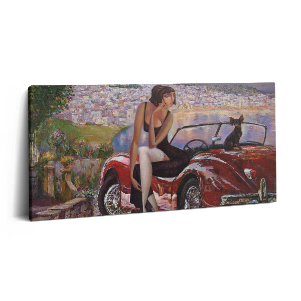 Print pe pânză 140x70 Mașină retro și femeie cu câine în mașină
