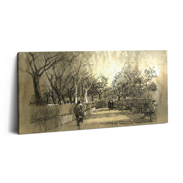 Print pe pânză 140x70 Schiță - Parc și copaci în sepia