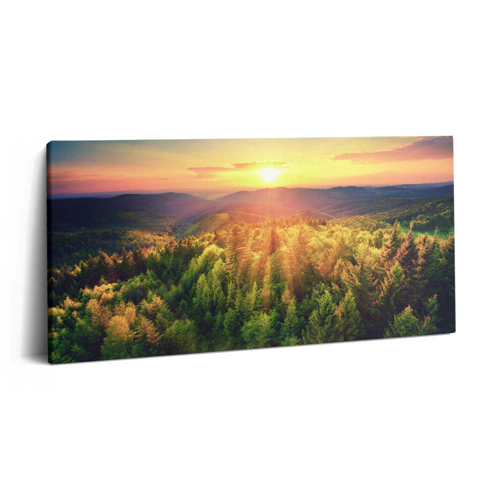 Print pe pânză 140x70 Apus de soare peste dealurile pădurii