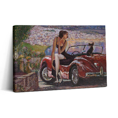 Tablou canvas 30x20 Mașină retro și femeie cu câine în mașină