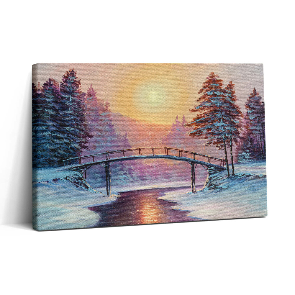 Tablou canvas 30x20 Pictură - Pod peste râu și apus de soare de iarnă