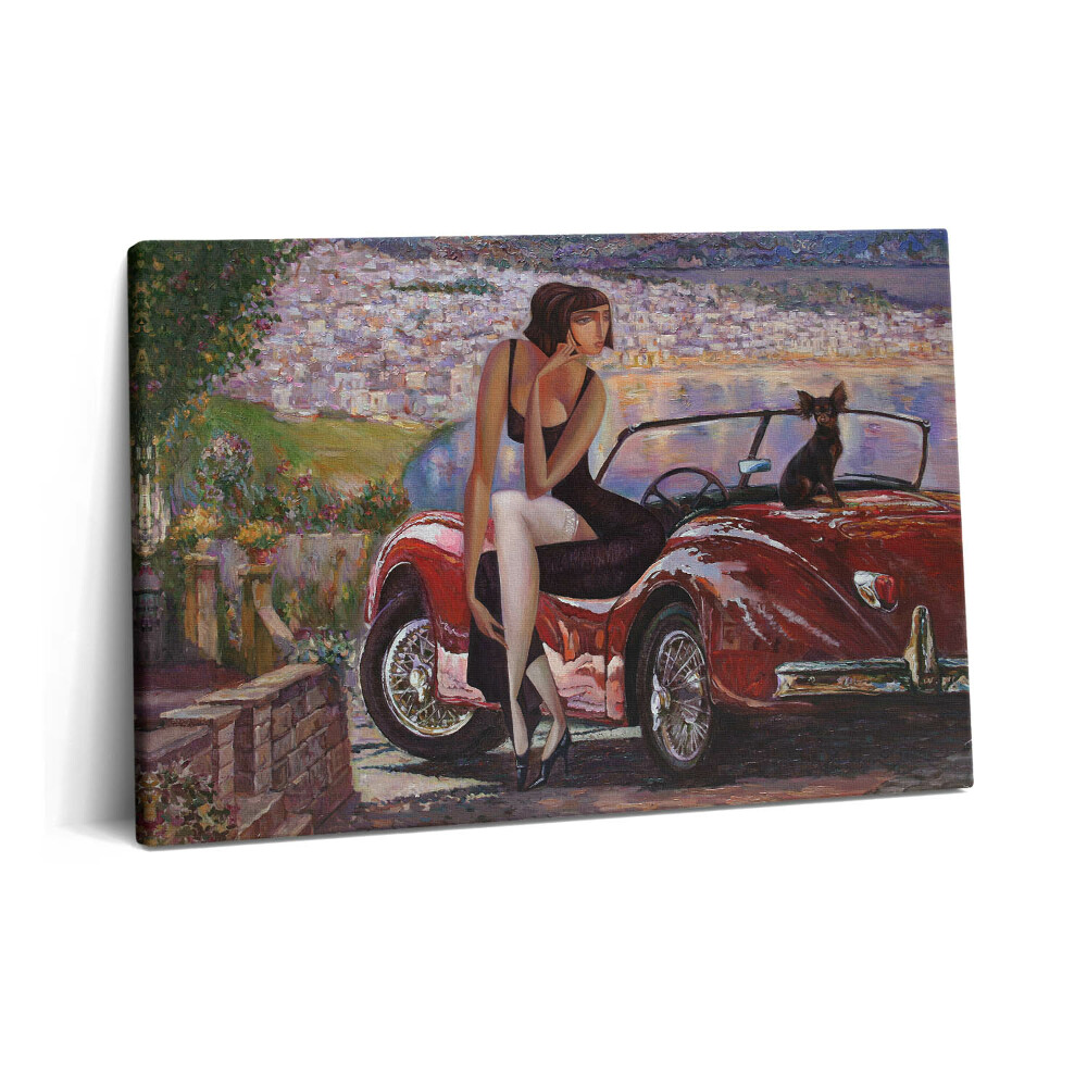 Tablou pe pânză 60x40 Mașină retro și femeie cu câine în mașină