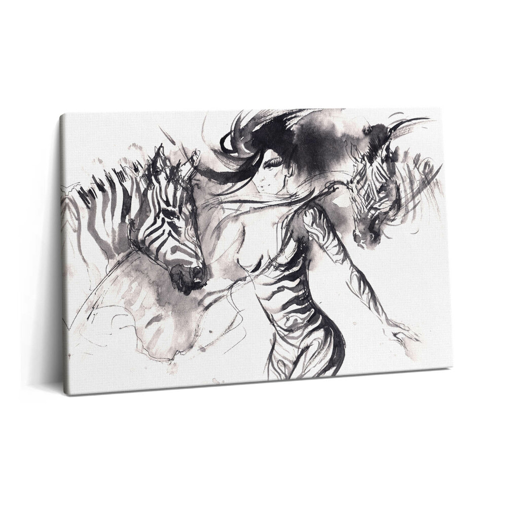 Tablou pe pânză 60x40 Femeie printre zebre abstracte