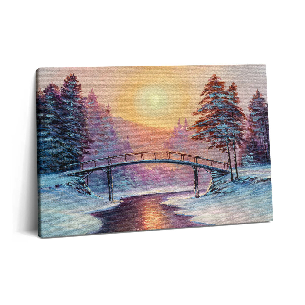 Tablou pe pânză 60x40 Pictură - Pod peste râu și apus de soare de iarnă