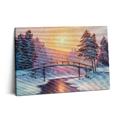 Tablou pe pânză 60x40 Pictură - Pod peste râu și apus de soare de iarnă