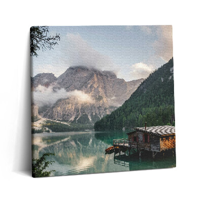 Tablou pe pânză canvas 60x60 Casă la lac în munți