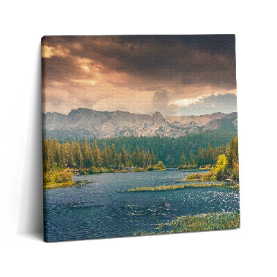 Tablou pe pânză canvas 60x60 Peisaj forestier munți și lac