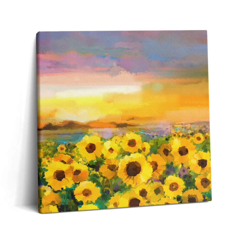 Tablou pe pânză canvas 60x60 Câmp de floarea-soarelui și apus de soare