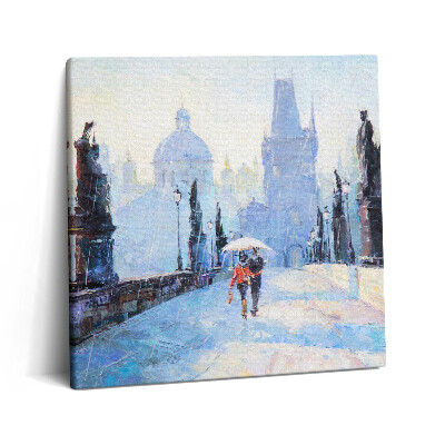 Tablou pe pânză canvas 60x60 Artă în ulei - cuplu îndrăgostit sub o umbrelă