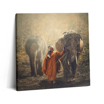 Tablou pe pânză canvas 60x60 Călugăr și elefanți