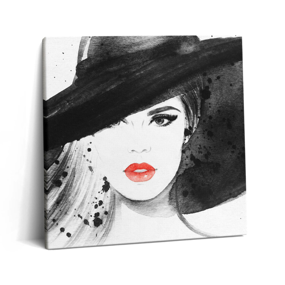 Tablou pe pânză canvas 60x60 Femeie cu pălărie și negru