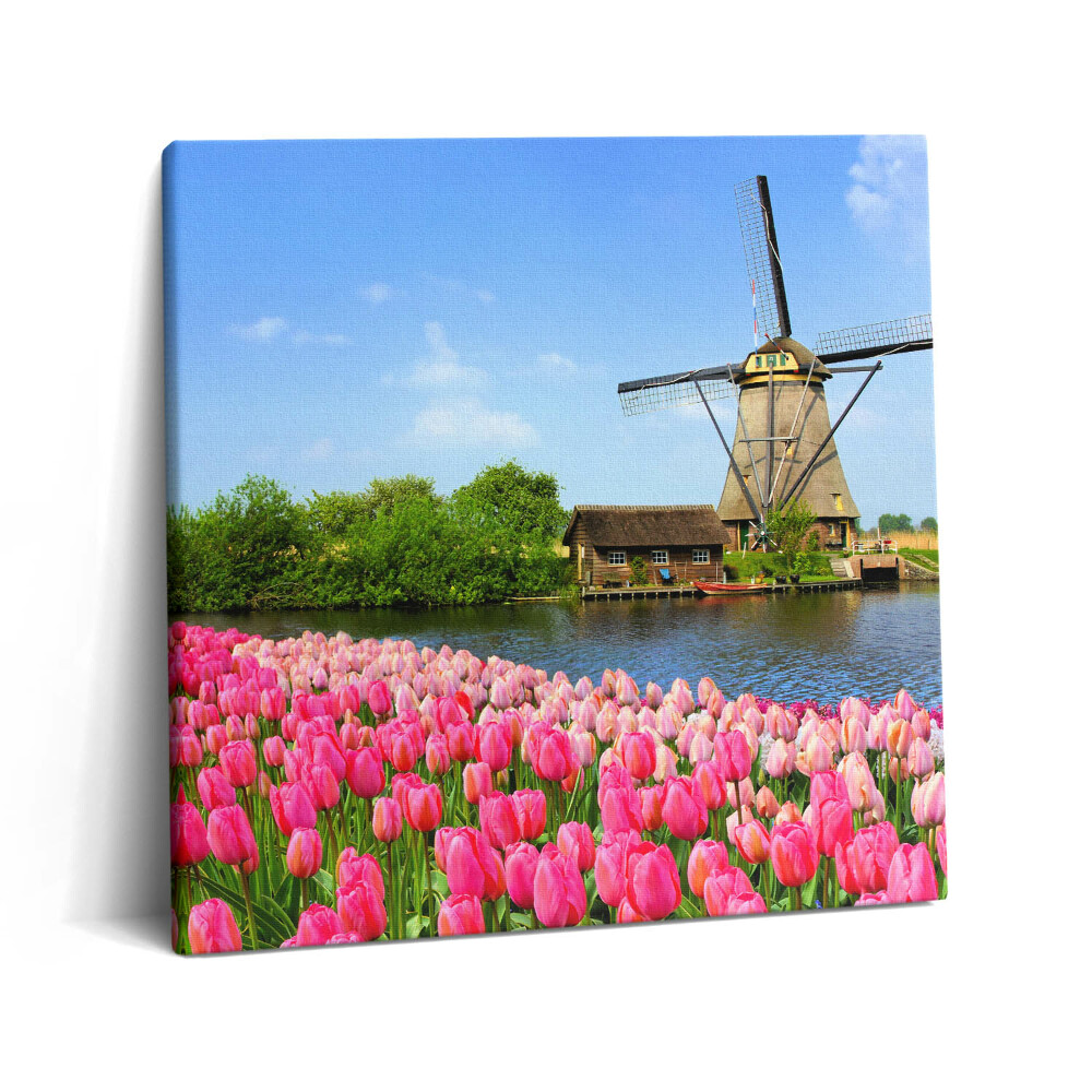 Tablou pe pânză canvas 60x60 Moară de vânt olandeză cu flori