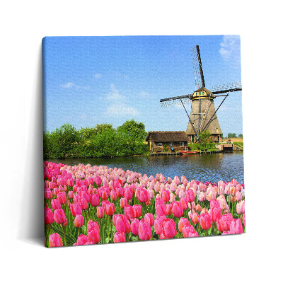 Tablou pe pânză canvas 60x60 Moară de vânt olandeză cu flori