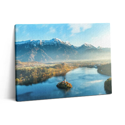 Pictură pe pânză 80x60 O clădire pe un lac în munți