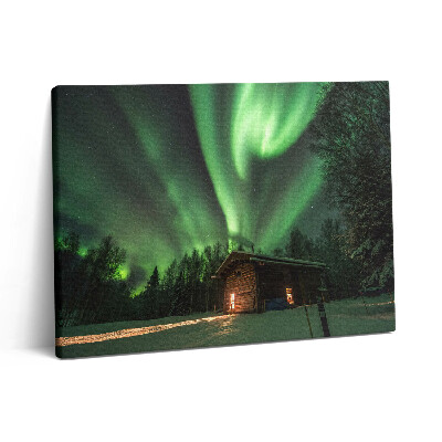 Pictură pe pânză 80x60 Aurora boreală și o casă în pădure