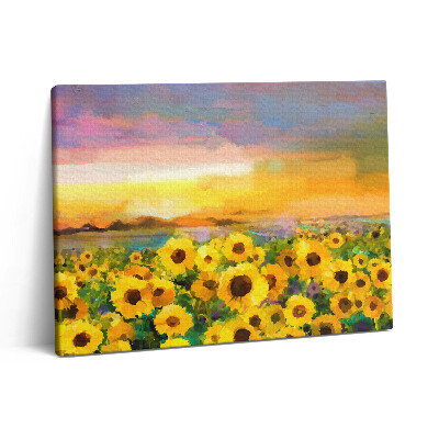 Pictură pe pânză 80x60 Câmp de floarea-soarelui și apus de soare