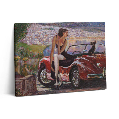 Pictură pe pânză 80x60 Mașină retro și femeie cu câine în mașină