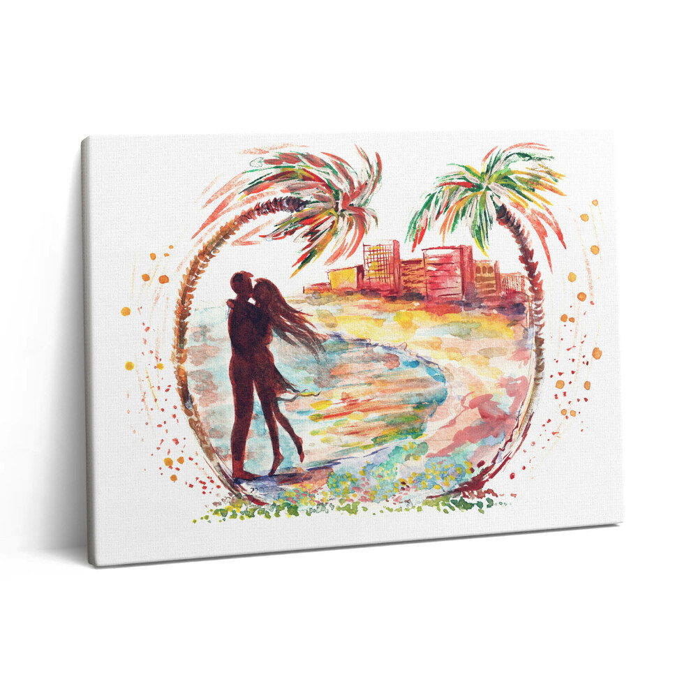 Pictură pe pânză 80x60 Dragoste în acuarelă pe plaja din Miami