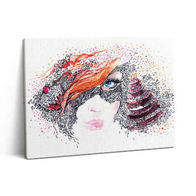 Pictură pe pânză 80x60 Femeie drăguță abstractă cu tort