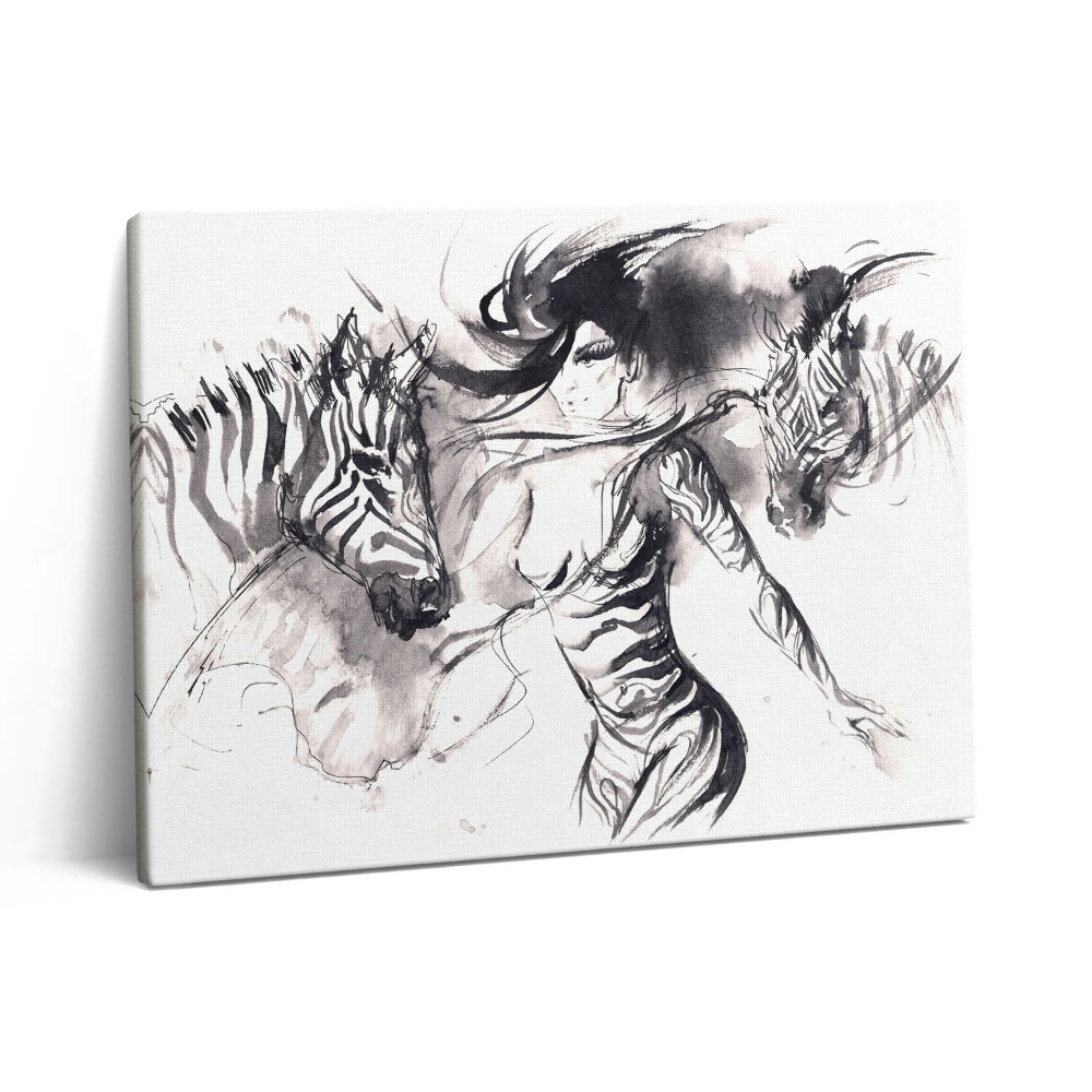 Pictură pe pânză 80x60 Femeie printre zebre abstracte