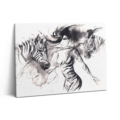 Pictură pe pânză 80x60 Femeie printre zebre abstracte