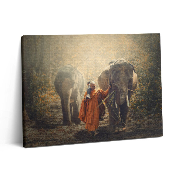 Pictură pe pânză 80x60 Călugăr și elefanți