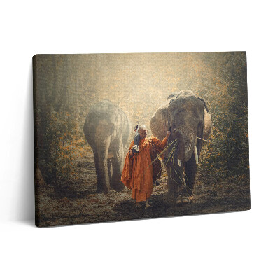 Pictură pe pânză 80x60 Călugăr și elefanți
